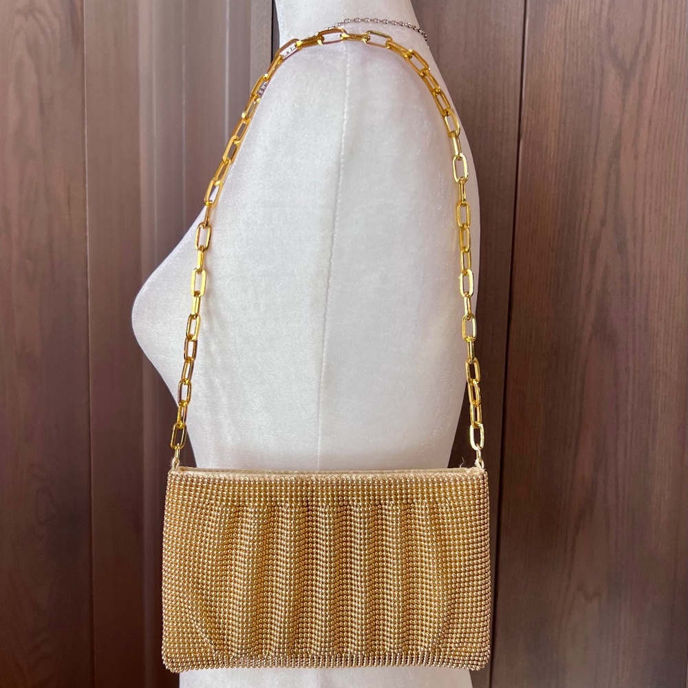 LA REGALE Gold Evening Bag Beaded Mesh Chain Strap